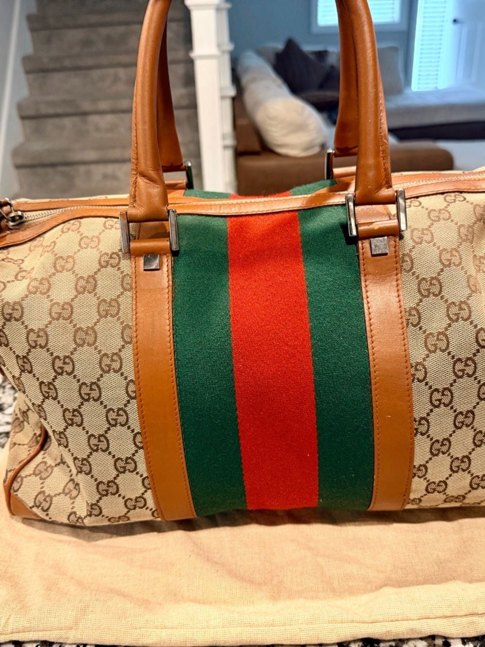 Gucci Green and Red Web Stripe Canvas Duffel with Tan Trim